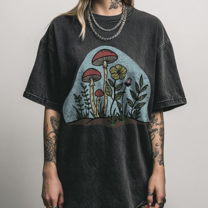 Colorful Mushroom Patch T-Shirt | Vibrant Wildflower Tee