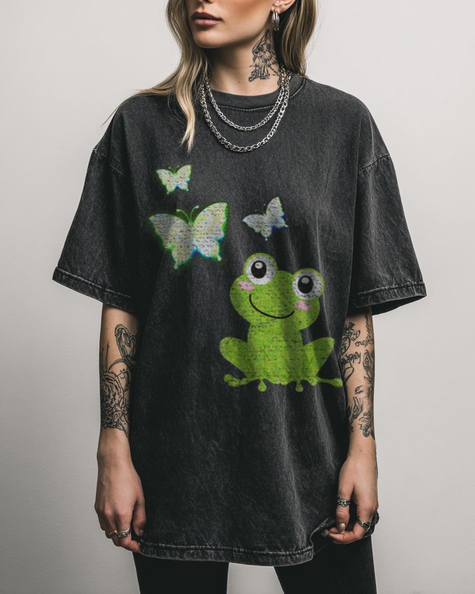 acidwash, animals, beautiful frog, cute frog, frog, frog and butterfly, graphic tee, green frog, jungle frog, lovely frog, nature, nature lover, sweet frog, t-shirt, wildlife