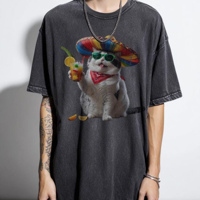 Fiesta Cat T-Shirt | Funny Sombrero Cat with Cocktail
