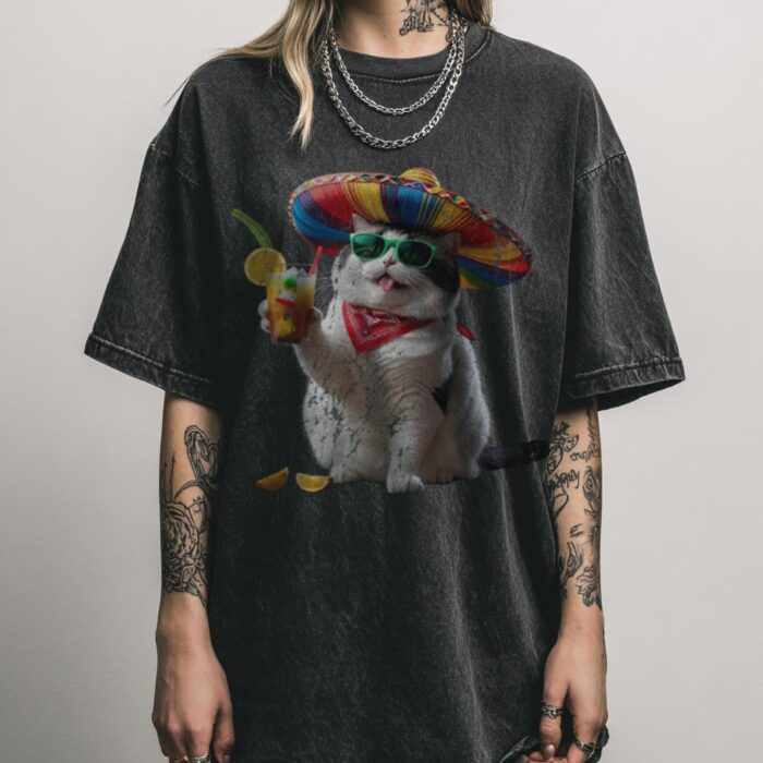 Fiesta Cat T-Shirt | Funny Sombrero Cat with Cocktail