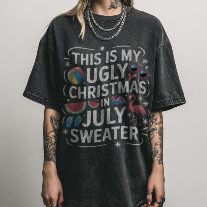 Funny Christmas in July T-Shirt | Ugly Sweater Style Tee Funny Christmas in July T-Shirt | Ugly Sweater Style Tee