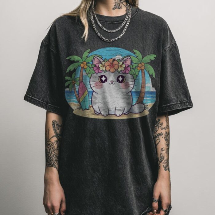 Hawaiian Kawaii Cat T-Shirt | Summer Flower Crown Tee