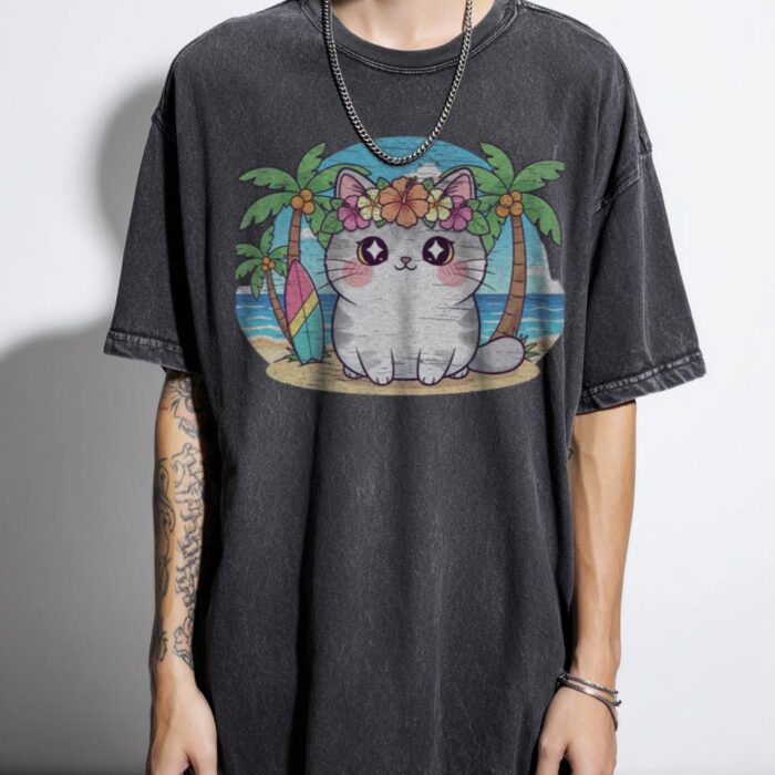 Hawaiian Kawaii Cat T-Shirt | Summer Flower Crown Tee