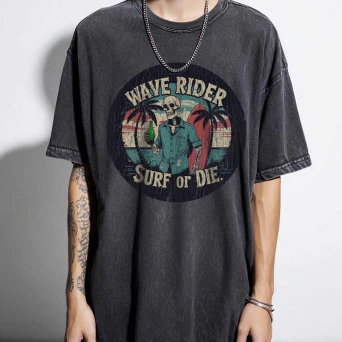 Skeleton Surfer T-Shirt | Edgy 'Surf or Die' Graphic Tee