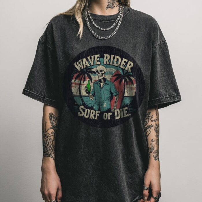 Skeleton Surfer T-Shirt | Edgy 'Surf or Die' Graphic Tee