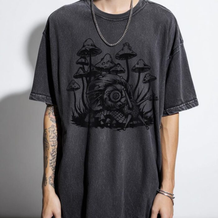 Snail and Mushrooms Line Art T-Shirt | Whimsical Tee Snail and Mushrooms Line Art T-Shirt | Whimsical Tee